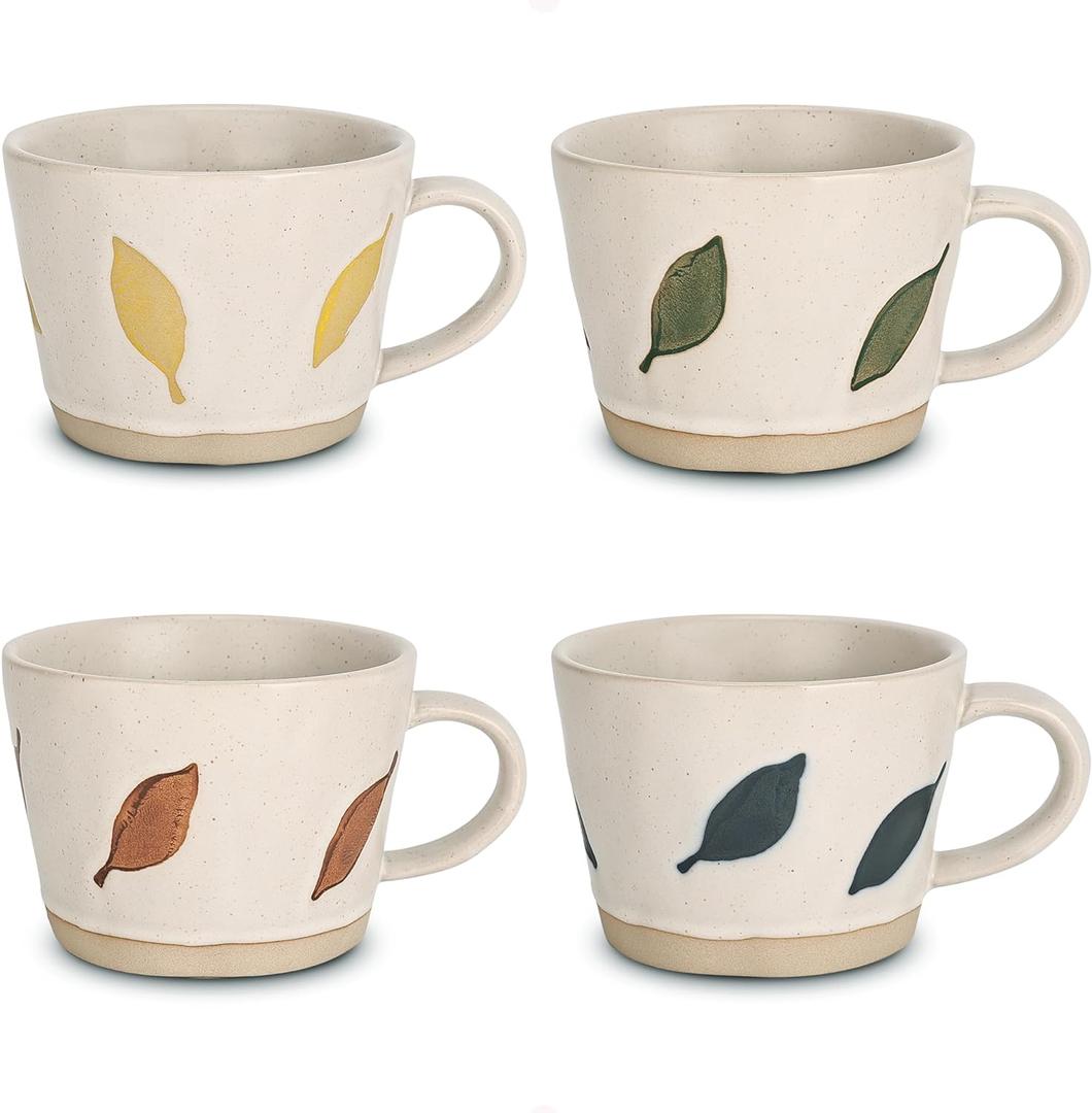 Leaf Mug, 11 oz Ceramic Coffee Cup for Tea Latte Cappuccino, Cute Unique Stoneware Teacup with Handle (Set of 4, Green Blue Yellow and Brown)