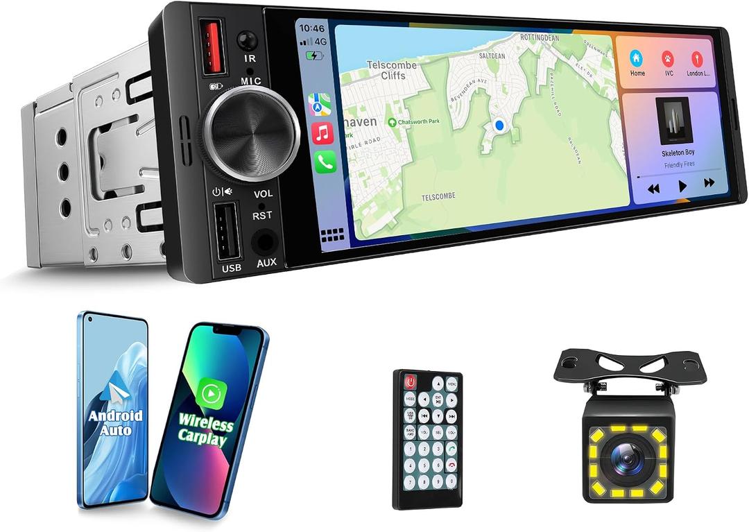 [inCell Touchscreen] 6.36" Single Din Car Stereo with Wireless/Wired CarPlay & Android Auto, 240W DSP Powerful Sound with EQ, MirrorLink, Bluetooth HandsFree, 12LED Backup Camera, AM/FM Radio