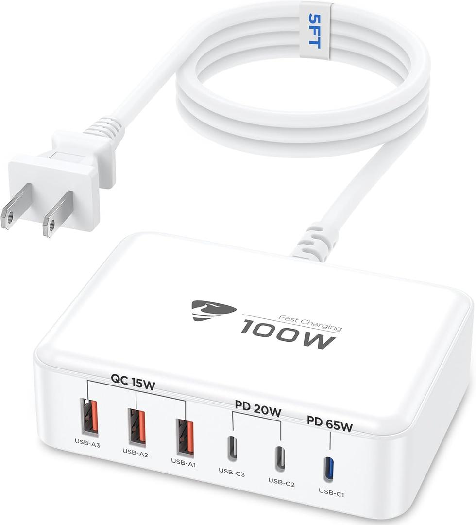 100W USB C Fast Charger Station 6 Ports (One Port 65W Max) Charging Block for Multiple Devices USB Wall Plug Charger Block for iPhone, iPad, Samsung, MacBook, Tablet, Laptop, 5FT Cord