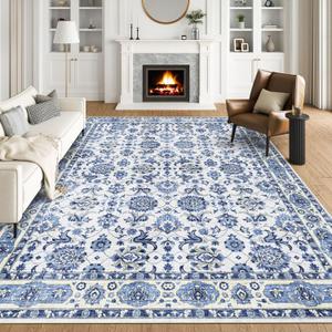 BLISSA Washable Area Rug 8x10 - Large Delft Blue Boho Rugs for Living Room Soft Vintage Oriental Floral Retro Carpet Stain Resistant Accent Rug for Bedroom Dining Room Under Table Home Office Decor