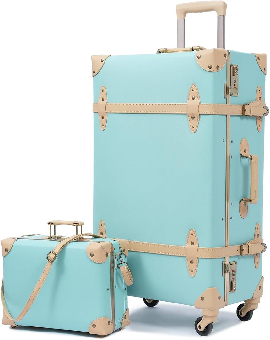 urecity Vintage Suitcase Set for Women, Vintage Luggage Sets for Women 2 Piece, Cute Designer Trunk Luggage, Retro Suit Case, Mint, 26"+12"