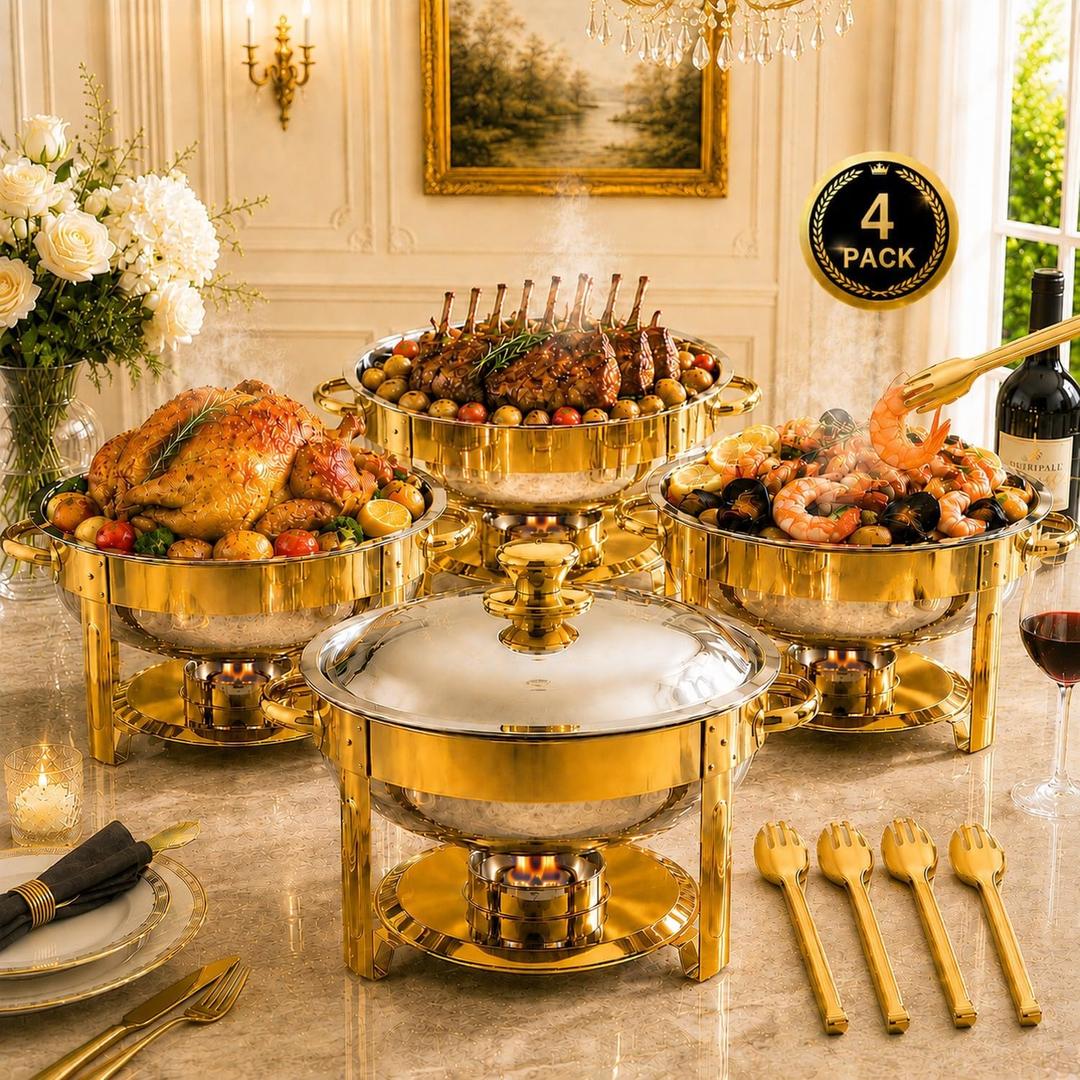 Chafing Dishes for Buffet, Cookriva 4 Pack 6QT Round Stainless Steel, Gold
