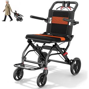 Transport Wheelchair Lightweight Foldable with Telescopic Handle, Portable Folding Wheelchair with Hand Brakes, Compact Travel Wheelchair for Adults & Seniors, Easy Storage,Only 22LBS (Orange)