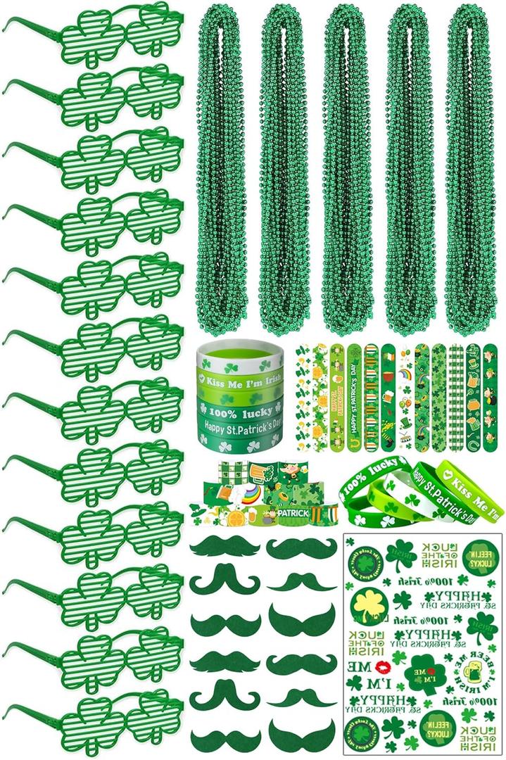 St Patricks Day Accessories for Women St Pattys Accessories Decorations Party Favor Packs Bulk Glasses Wristbands Necklace Green Beard Tattoo Stickers Slap Bracelets
