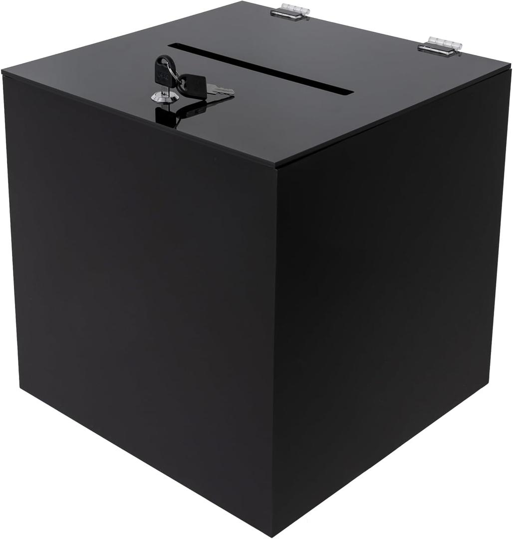 Acrylic Donation Box, 12" X 12" X 12" Ballot Suggestion Box with Lock & 2 Keys, Raffle Voting Box with Slot for School Conference Fundraising (Black)