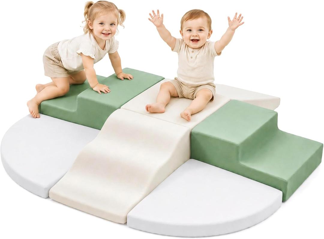 Soft Foam Climbing Blocks for Toddlers, 7-Piece Baby Foam Climbing Blocks, Indoor Climbing Toys, Ideal Gift for Kids Crawling and Sliding, Foam Activity Play Set - Sage Green, Beige & Gray
