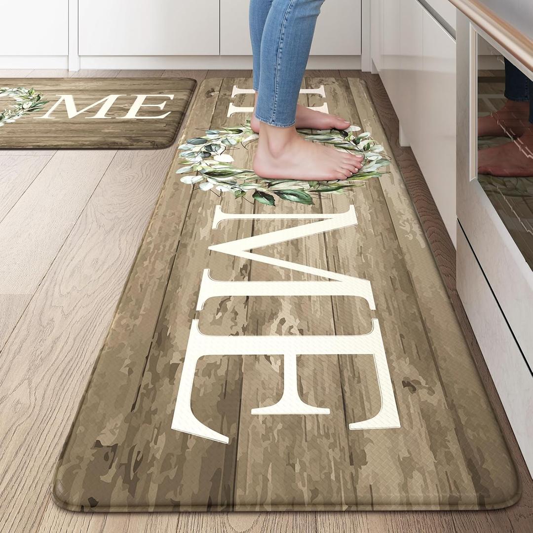 KIMODE Anti Fatigue Mats for Kitchen Floor,Farmhouse Rugs Sets of 2,Cushioned Carpet Non Slip for Laundry,Memory Foam Runner for Sink Office,Khaki 20"x47"+20"x32"