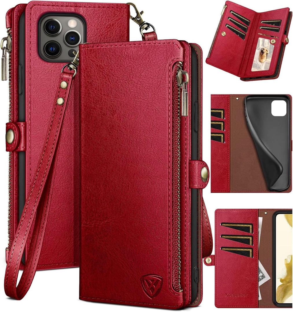 XcaseBar for iPhone 14 Pro 6.1" Wallet case with RFID Blocking Zipper Credit Card Holder, Flip Folio Book PU Leather Phone case Shockproof Cover Women Men for Apple 14Pro case Red