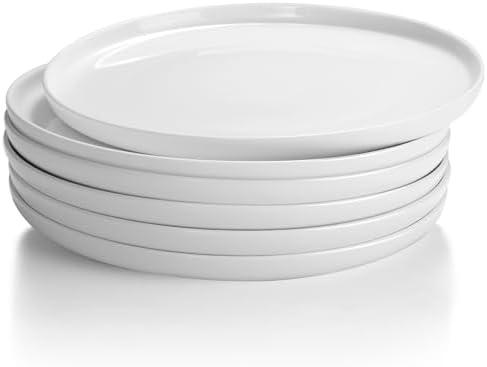 AntoKueh White ceramic plates set of 6, 10 Inch round Porcelain plate, 6-piece Salad dishes with shallow Edges for steak, Dessert, Dishwasher/Microwave safe
