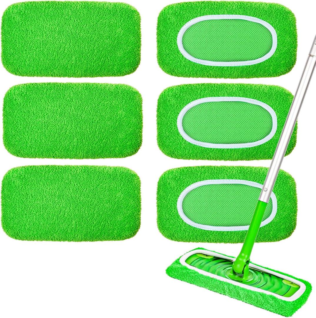 6-Pack Reusable Mop Pads Compatible with Sweeper Mop - 100% Coral Fleece Washable Refills - Microfiber Dry & Wet Sweeping Cloths for Multi-Surface/Hardwood Floor Cleaning