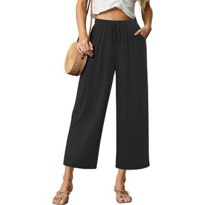 GRAPENT Linen Pants for Women High Waisted Wide Leg Capri Elastic Waist Casual Beach Flowy Cropped Summer Capris Pants (Small, Black)