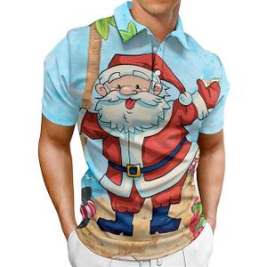 QIVICIMA Mens Halloween Christmas Polo Shirt Casual Slim Fit Lapel Party Golf Shirts Santa Print Polo Print Tops L