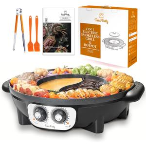 Food Party Hot Pot with Grill 2 in 1 Electric Smokeless Grill and Hotpot Pot Combo Korean BBQ Grill 110V 1700W