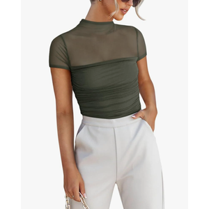 REORIA Women's Sexy Mock Turtle Neck Short Sleeve Shirts Sheer Mesh Ruched Trendy Going Out Bodysuits Tops Size M