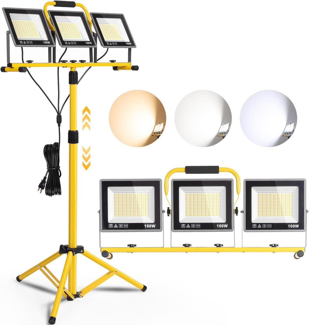 31000 Lumen LED Work Lights with Stand, Portable 3 Head Work Lights with Individual Switch (3000K/5000K/6500K Select) & 16.5FT Cord, IP66 Waterproof Foldable Tripod Stand Worklights for Outdoor Indoor (Yellow)