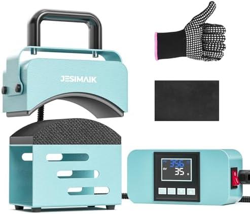 JESIMAIK Hat Press, Mini Heat Press Machine for Caps, T-Shirt & More, Curved Heating Plate and Silicone Base, Fast Heating, No Crease, LCD Digital Temperature &Timer Control - Lake Blue