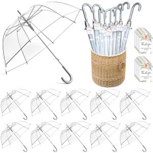 12 Pcs Wedding Favors for Guest Umbrella Gifts Bulk 52 Inch Large Dome Rain Windproof Stick Umbrellas with Thank You Tags and Rope Guest Souvenirs for Wedding Party Bridal Favors (Silver)