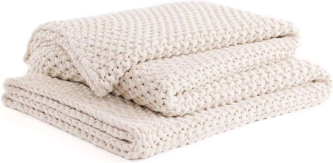 YnM Chunky Cotton Knit Throw Blanket, Cable Knit Throws for Bed Couch Sofa, Comfy & Relaxing, Decorative Piece for Farmhouse Modern Boho Rustic Scandinavian Chic Vibe, Cream White 60x80 Inches (Full / Queen)