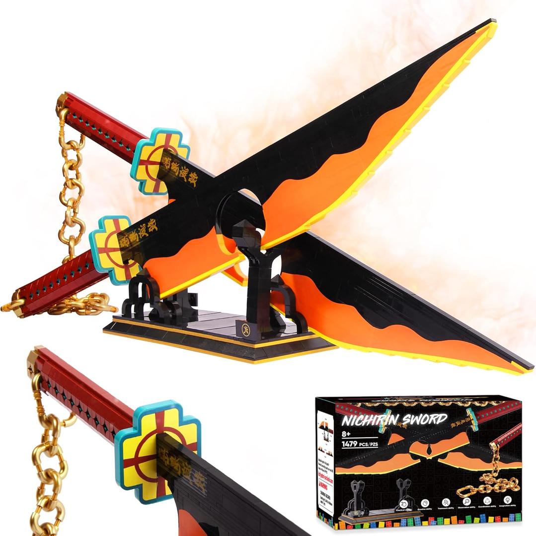 Jorumo Sword Building Set, 82in Double Blade Tengen Uzui Sword Building Block with Stand, Handmade Cosplay Anime Sword Toy Building Set for Collecting and Gifting 1478Pcs