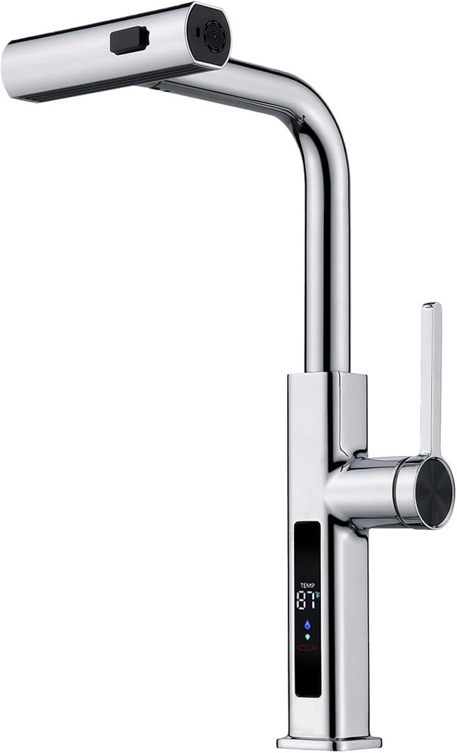 Lefton Pull-Out Waterfall Kitchen Faucet with Temperature Display, Two Water Outlet Modes, Single Hole, Chrome, KF2209-1