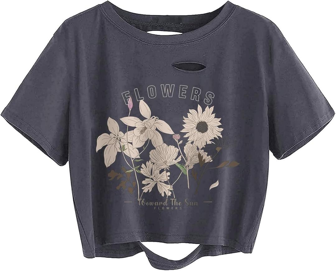 Avanova Women Distressed Loose Crop Top Oversized Short Sleeve Ripped Tee Shirt (Medium, Grey Floral)