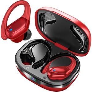 HAOYUYAN Wireless Earbuds, Sports Bluetooth Headphones, 80Hrs Playtime Ear Buds with LED Power Display, Noise Canceling Headset, IPX7 Waterproof Earphones for Workout/Running (Red)