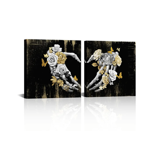 Visual Art Decor Skull Decor Heart Love Painting Gothic Wall Decor Black Gray and Gold Pictures Framed Artwork for Walls (24"x24"x2 Pieces)