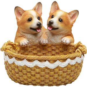 Corgi Figurine Dog Gift Basket Resin Statue Key Bowl Entryway Table Decor Decorative Rattan Style Dog Storage Bowl for Keys Candy Fruit Holder Corgi Lovers Gifts, 7.9 Inch