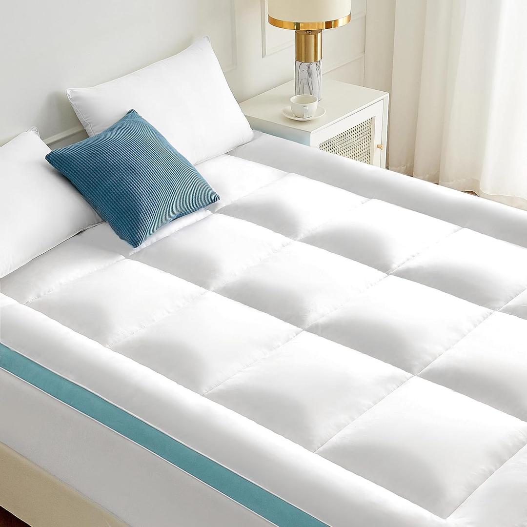 STWIENER Full Mattress Topper, Plush Pillow Top Mattress Topper for Back Pain Relief, Extra Thick Mattress Pad Deep Pockets for 8"-21", Soft Down Alternative Fill Mattress Protector, Blue Stripe