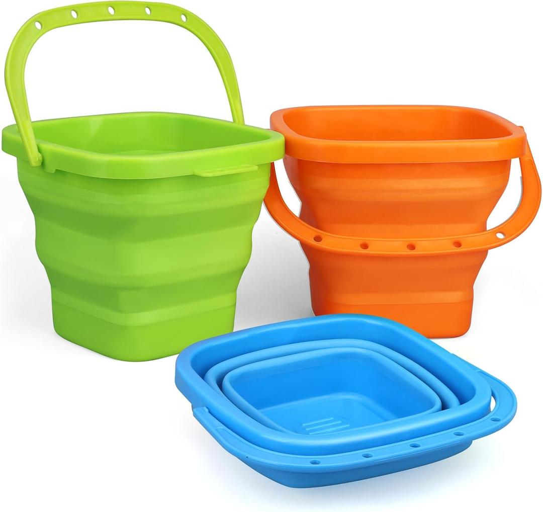 Jumbo Beach Sand Bucket Toy for Kids, 3L Collapsible Sandbox Pail, Easter Buckets, 3 Pack Multi Use Tool for Garden, Planting, Camping, Storage Fishing, Washing, Summer Holiday Travel Birthday Gifts