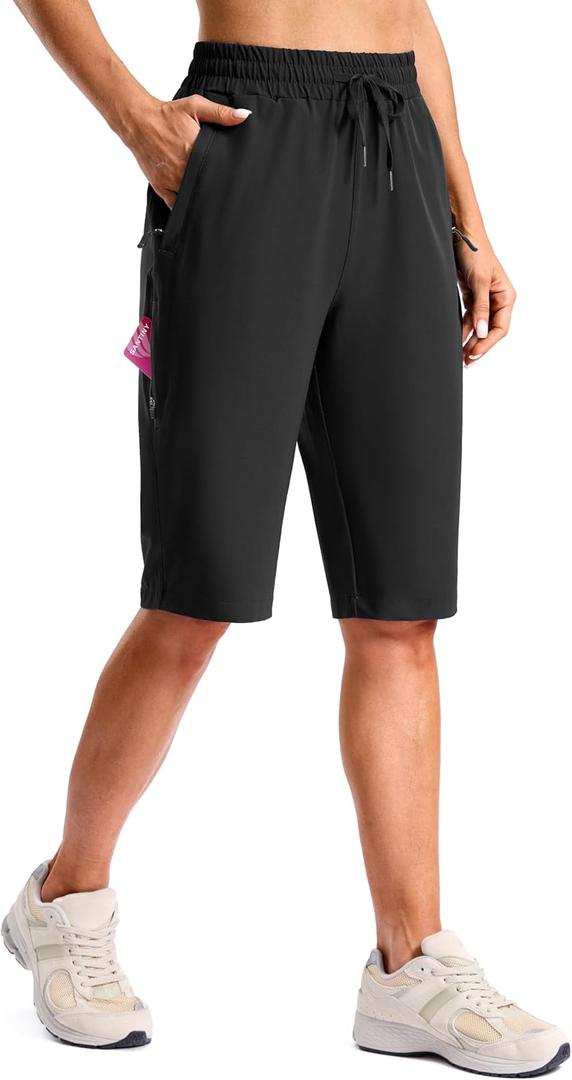 SANTINY Women's 13''/ 15"/ 17'' Long Hiking Shorts with Zipper Pockets Lightweight Quick Dry Below The Knee Capris for Women (Black, M)