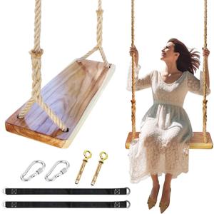 Wooden Swing,Seat 24"x 8"x 1.2,500lbs,Adjustable Hemp Rope & Extension Tree Straps 100 inch,Outdoor Wood Swing,Wood Swings for Adults Kids (Classic)