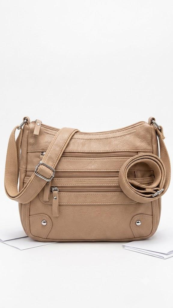 Women's Multi-Pocket Faux Leather Crossbody Bag – Medium Shoulder Purse with Adjustable Strap and Functional Zipper Pockets, Taupe / Beige