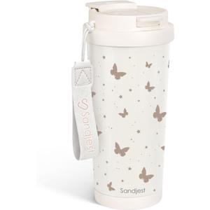 SANDJEST Butterfly Stainless Steel 2-in-1 Lid Coffee Tumbler 18 oz, Insulated Travel Mug Gift for Women Girls Friends, Gift Idea for Birthday Christmas (Beige)