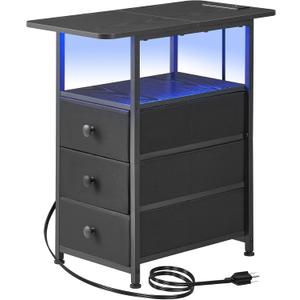 Narrow End Table with Charging Station, Narrow Side Table with 3 Fabric Drawers, Slim Nightstand with LED Light, Small Bedside Table with Storage, Living Room, Bedroom, Black HKET1303BK (Large(11.8" W x 23.6" D))