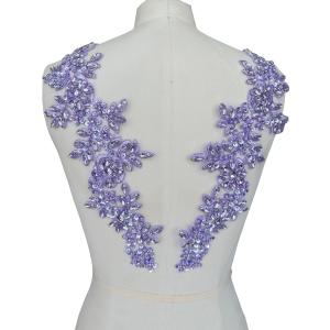 Handmade Rhinestones on lace Applique Sewing Beads Sequins Trim Patches for Wedding Dress Accessories 1 Pair/Bag (Violet)
