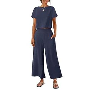 ZESICA Women's 2 Piece Outfits Linen Short Sleeve Crop Top and Wide Leg Pants Lounge Matching Set Tracksuits Trendy Clothes, Navy, Medium