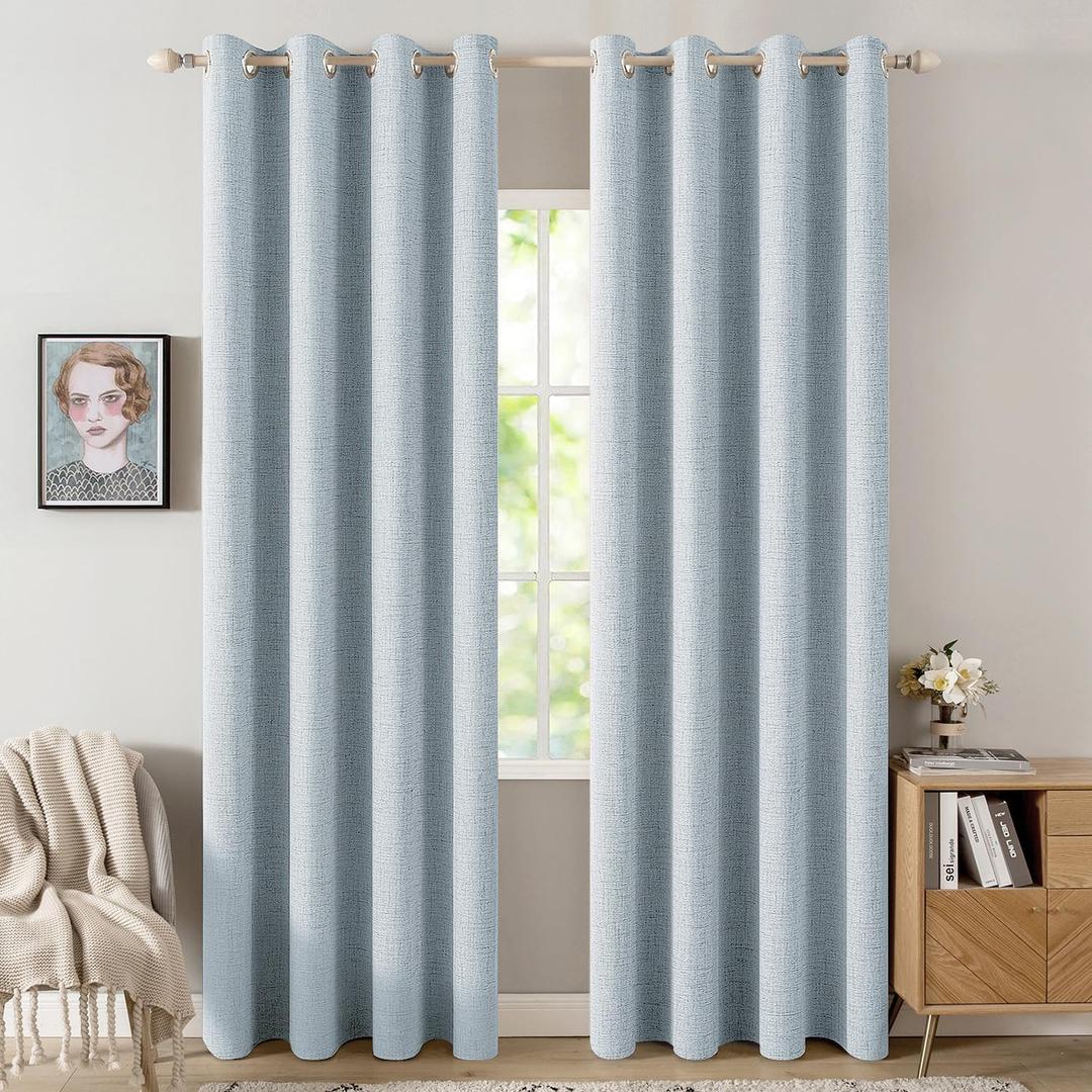 MIULEE 100% Blackout Linen Textured Curtains for Bedroom Solid Thermal Insulated Chambray Blue Grommet Room Darkening Curtains & Drapes Luxury Decor for Living Room Nursery 52 x 96 Inch (2 Panels)