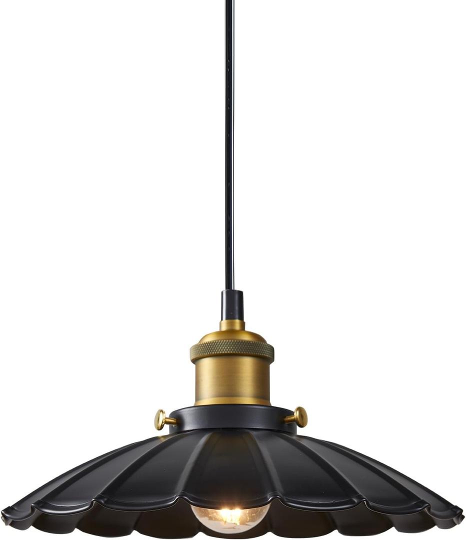 Black Pendant Light, 9.8 Inch Retro Hanging Lamp for Bedroom, Glossy Hanging Kitchen Lights Living Room 6.5Ft Height Adjustable Indoor Pleated Pendant Light, 250mm Hardwired