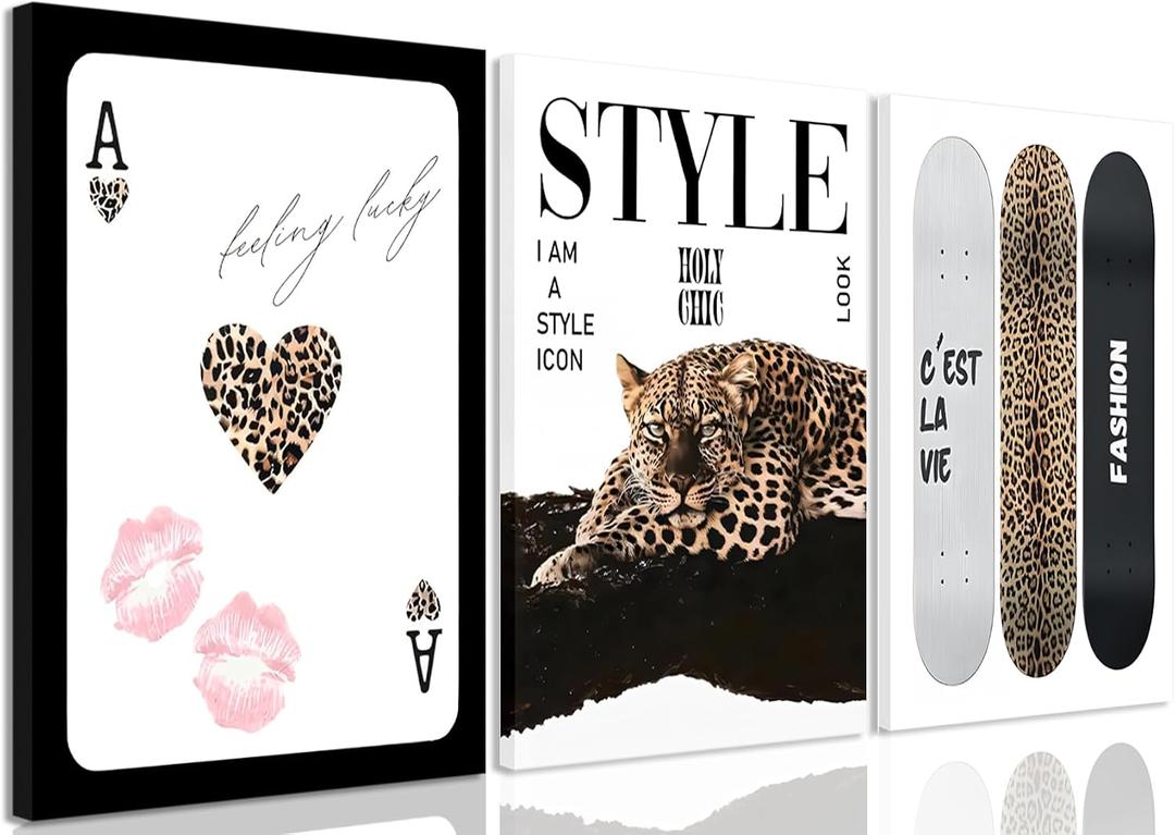 3Pcs Trendy Leopard Canvas Wall Art,Vintage Preppy Aesthetic Stylish Leopard skateboard Funky Lucky 8Ball Cheetah Artwork Posters Print for Bedroom Living Room Bathroom Decoration12X16in Framed, 16"Lx12"W