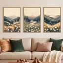 Large Boho Wildflower Framed Canvas Wall Art,Vintage Mountain Wall Decor,Nature Floral Prints,Rustic Daisy Landscape Artwork for Living Room,Bedroom,Dining Room -24"x36"x3