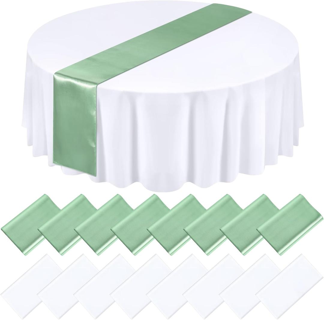 Tudomro 16 Pcs White and Sage Green Round Plastic Tablecloth and Satin Table Runner Set 84 Inch Round Covers 12 x 108 Inch Table Runners for Christmas Wedding Birthday Party Baby Shower