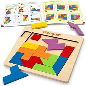 Coogam Wooden Puzzle Blocks Geometric Tangram Brain Teasers Jigsaw 3D Logic IQ Game Colorful Shape Pattern Montessori STEM Educational Toys Gift 60 Challenges for All Age