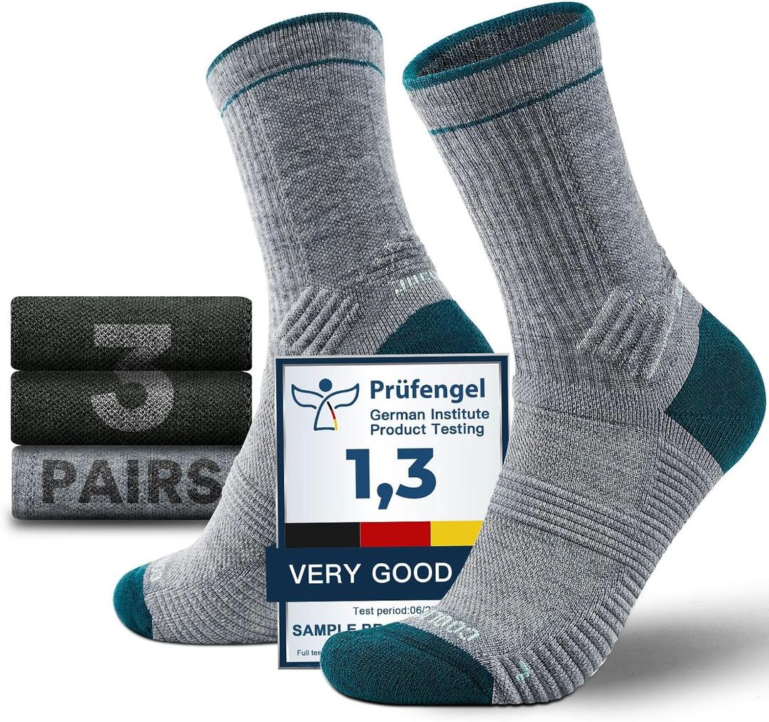 Juclise Mens Merino Wool Hiking Socks Micro Crew Compression Moisture Wicking Anti-Blister Cushioned Midweight (US, Alpha, Small, Regular, Regular, Olive*2 + Aqua Gray*1)
