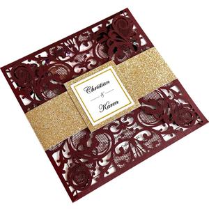 6.3 X 6.3 Inch 50PCS Blank Burgundy Laser Cut Wedding Invitations With Envelopes Kit And Gold Glitter Belly Band Wedding Invitation Cards For Wedding invite