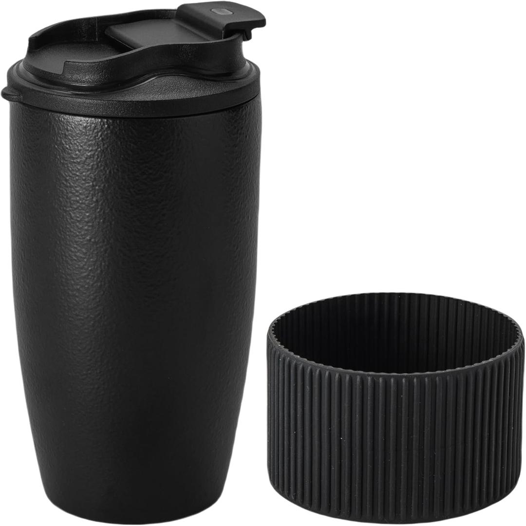 Ceramic Travel Coffee Mug with Polypropylene Lid and Insulated Sleeve, 16 oz, Portable Coffee Cup for Car Cup Holder, Black Matt Finish Mug, Microwave and Dishwasher Safe(Black)