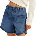 EZAPINE Women Mid Waist Jean Shorts Raw Hem Trendy Folded Hem Denim Short Jeans (Blue)