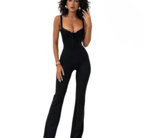 ksotutm Sexy Jumpsuits for Women Deep V Neck Lace Sleeveless Rompers Y2k Bodysuit Club Outfits with Bra Pads, S