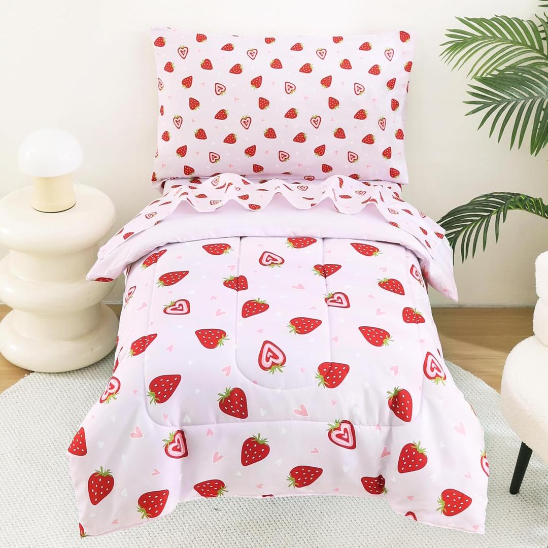 Toddler Bedding Set, 4 Piece Bed-in-a-Bag Toddler Bed Comforter Sets for Girls, Toddler Bed Set, Prink Strawberry Printed, Machine Washable