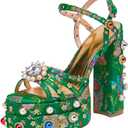 Feinlina Women Rhinestone High Chunky Platform Open Toe Block Heels Gems Detail Fashion Green Pink Floral Print Embroidery Ankle Strap Dress Wedding Party Pump Sandals (10)